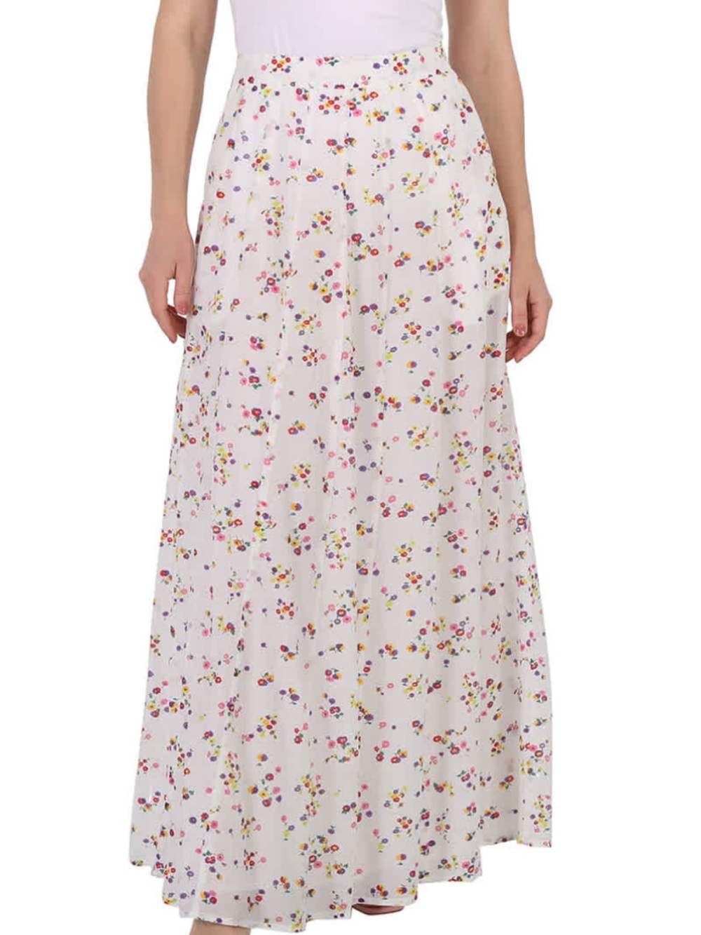 White Floral Maxi Skirt with Multicolor Ditsy Print